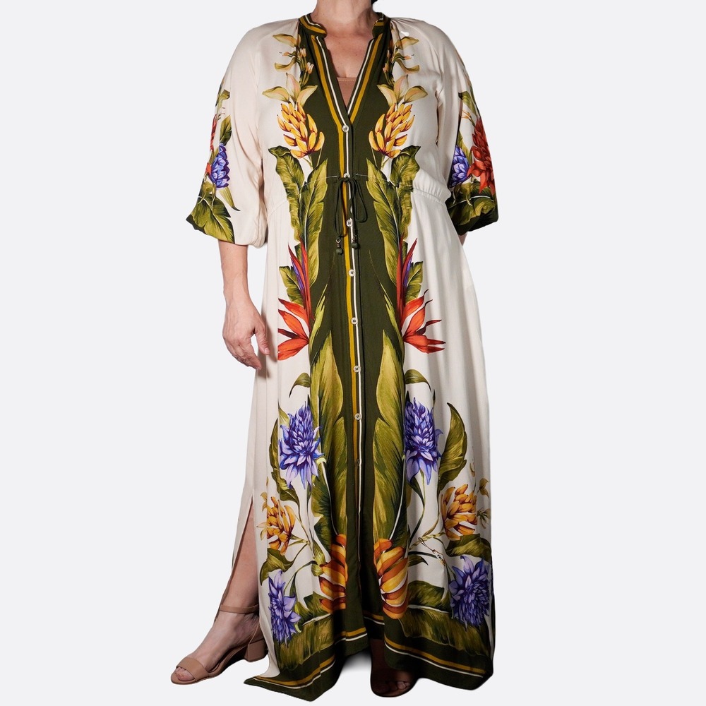 FARM Rio Sand Tropical Scarf Maxi Dress 1X XL Authentic Brazilian Kaftan NWT